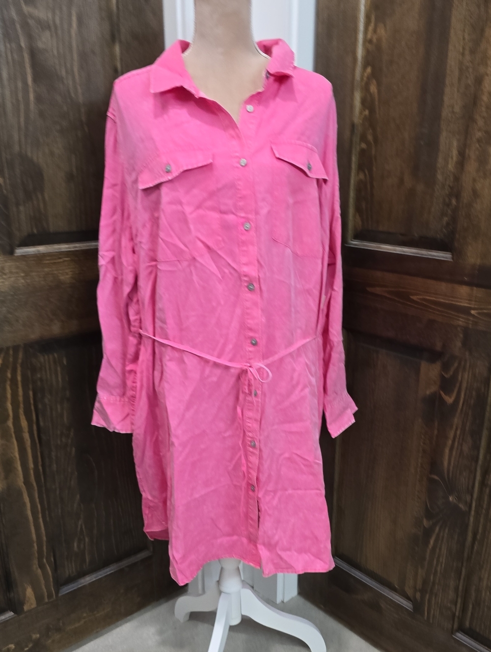 Bright Pink Button-Front Tunic with Drawstring Waist